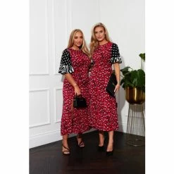 Girl In Mind Red Leopard Murphy Split Sleeve Midi Dress