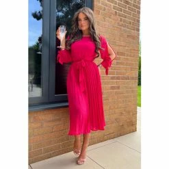 Girl In Mind Pink Long Sleeve Pleated Midi Dress