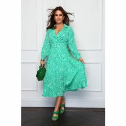 Girl In Mind Green Regular Long Sleeve Pleat Skirt Beleted Midi Dress
