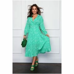Girl In Mind Green Regular Long Sleeve Pleat Skirt Beleted Midi Dress -Girl In Mind unnamed file 1042