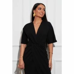 Girl In Mind Black Petite Petite Chelsea Short Sleeve Wrap Midi Dress -Girl In Mind unnamed file 1071