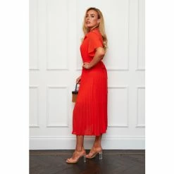 Girl In Mind Orange Everleigh Orange Belted Pleated Midi Shirt Dress -Girl In Mind unnamed file 1087