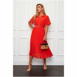 Girl In Mind Orange Everleigh Orange Belted Pleated Midi Shirt Dress -Girl In Mind unnamed file 1089
