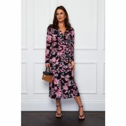 Girl In Mind Black Zelda Ruched Waist Wrap Midi Dress Paisley