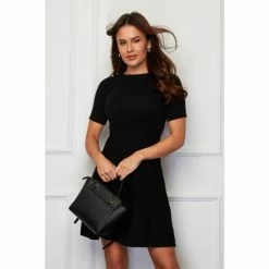 Girl In Mind Black Short Sleeve Racer Neck Knitted Skater Dress