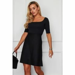 Girl In Mind Black Short Sleeve Square Neck Knitted Skater Dress