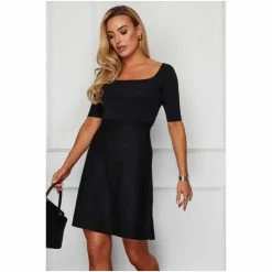 Girl In Mind Black Short Sleeve Square Neck Knitted Skater Dress -Girl In Mind unnamed file 1147