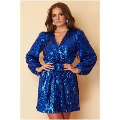 Girl In Mind Blue Regular Balloon Sleeve Sequin Wrap Skater Mini Dress -Girl In Mind unnamed file 1159