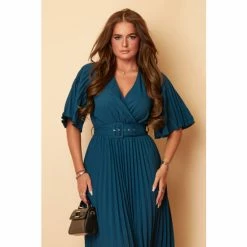 Girl In Mind Green Regular Short Sleeve Belted Pleated Midi Dress -Girl In Mind unnamed file 1167