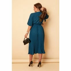 Girl In Mind Green Regular Short Sleeve Belted Pleated Midi Dress -Girl In Mind unnamed file 1170