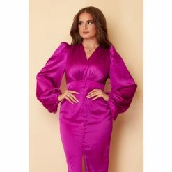 Girl In Mind Purple Long Sleeve V Neck Satin Button Through Midi Dress -Girl In Mind unnamed file 1173