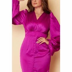 Girl In Mind Purple Long Sleeve V Neck Satin Button Through Midi Dress -Girl In Mind unnamed file 1176