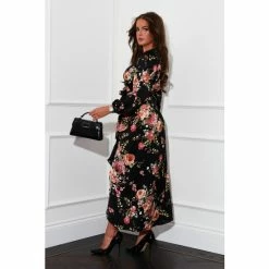 Girl In Mind Black Floral Regular Petite Long Sleeve Wrap Midi Dress -Girl In Mind unnamed file 1190