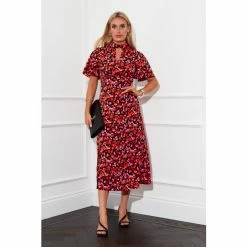 Girl In Mind Red Belle Keyhole Angel Sleeve Midi Dress