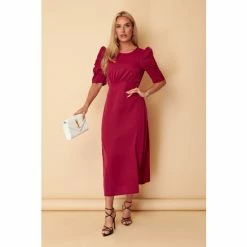 Girl In Mind Burgundy Red Adelyn Frill Slleeve Leg Split Midi Dress