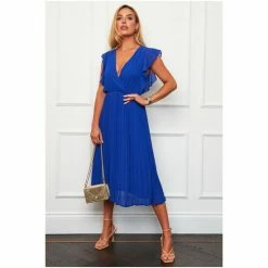 Girl In Mind Blue Petite Petite Sylvie Pleated Flutter Sleeve Midi Dress -Girl In Mind unnamed file 1334
