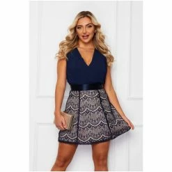 Girl In Mind Navy Pleated Plunge Skater 2 In 1 Lace Dress -Girl In Mind unnamed file 1344