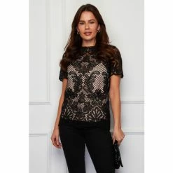Girl In Mind Black Christine Short Sleeve Lace Top