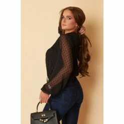 Girl In Mind Black Petite Dobby Grandad Collar Balloon Sleeve Blouse -Girl In Mind unnamed file 1545