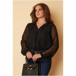 Girl In Mind Black Petite Dobby Grandad Collar Balloon Sleeve Blouse -Girl In Mind unnamed file 1548