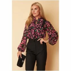 Girl In Mind Black Petite Dobby Grandad Collar Balloon Sleeve Blouse -Girl In Mind unnamed file 1549