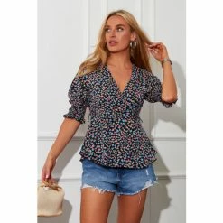 Girl In Mind Black Puff Sleeve Wrap Blouse