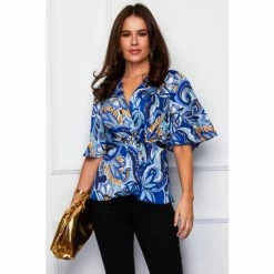 Girl In Mind Blue Satin Wrap Front Blouse