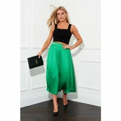 Girl In Mind Green Regular Satin Pleated Midi Skirt