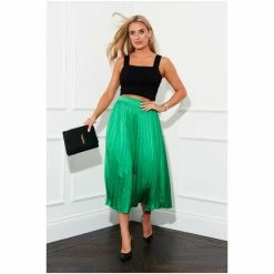 Girl In Mind Green Regular Satin Pleated Midi Skirt -Girl In Mind unnamed file 1606