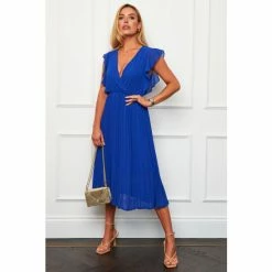 Girl In Mind Blue Sylvie Pleated Flutter Sleeve Midi Dress