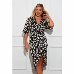 Girl In Mind Black Print Chelsea Short Sleeve Wrap Midi Dress